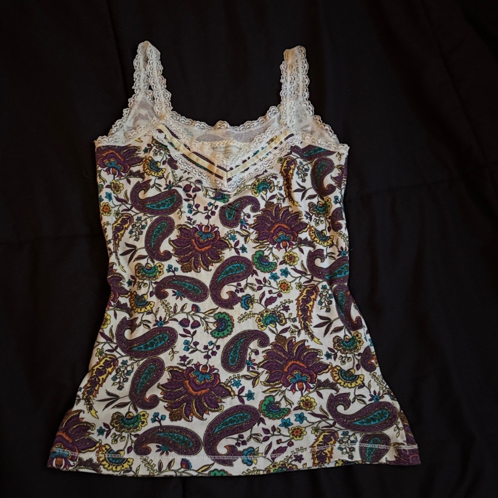 Lace-Trim Paisley Camisole Tank Top - White with Purple & Teal